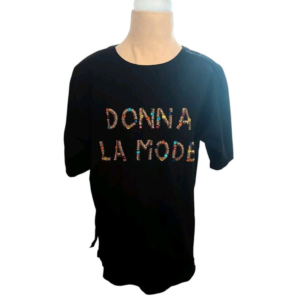 Donna La Mode Jeweled T-shirt Size L Black GOLD BEADED Super Fancy Bling Party - Picture 2 of 13